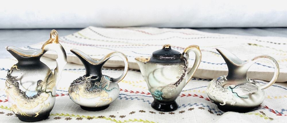 Vintage Japanese Moriage Dragonware Miniatures 4 Pc Raised Dragon Japan
